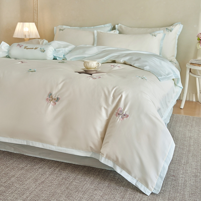 91家纺网 家纺一手货源 找家纺 2025 A类长绒棉刺绣拼角款四件套-悦动 悦动-倾心蓝