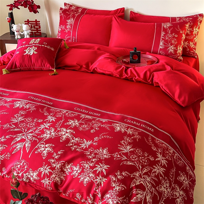 91家纺网 家纺一手货源 找家纺 笙意家纺2025新款水洗冰丝婚庆四件套 花田喜事