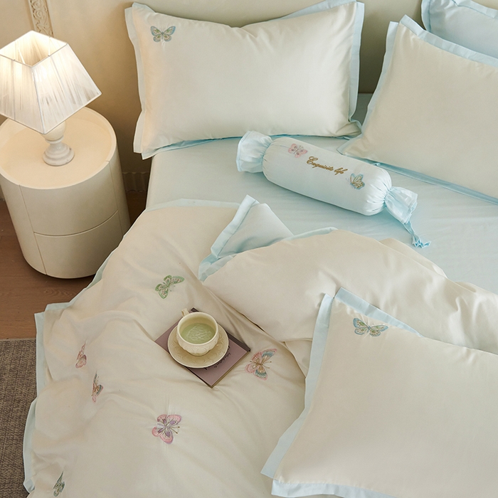 91家纺网 家纺一手货源 找家纺 2025 A类长绒棉刺绣拼角款四件套-悦动 悦动-倾心蓝