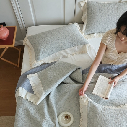 万盛家纺 2025新款全棉水洗花边床盖三件套 樱桃周末蓝