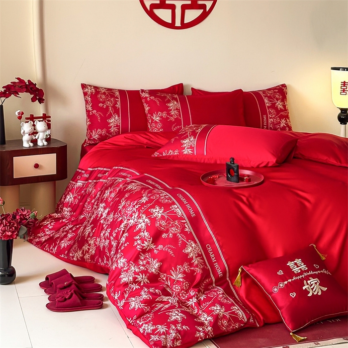 91家纺网 家纺一手货源 找家纺 笙意家纺2025新款水洗冰丝婚庆四件套 花田喜事