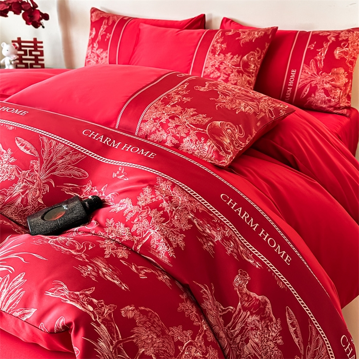 91家纺网 家纺一手货源 找家纺 笙意家纺2025新款水洗冰丝婚庆四件套 心有灵犀