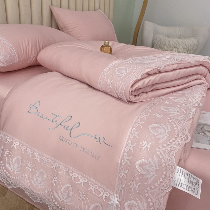 91家纺网 家纺一手货源 找家纺 益多眠 2026新款水洗天丝蕾丝花边夏被四件套轻奢夏被花边夏被-公主风 公主-樱花粉