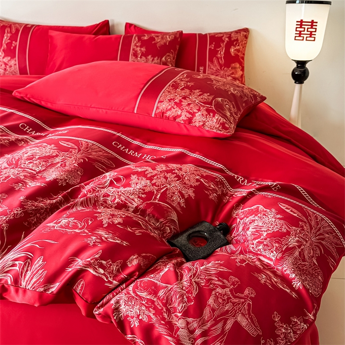 91家纺网 家纺一手货源 找家纺 笙意家纺2025新款水洗冰丝婚庆四件套 心有灵犀