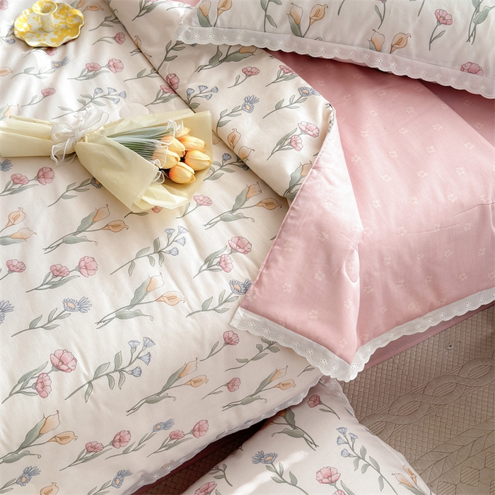 91家纺网 家纺一手货源 找家纺 被窝家纺 2025新款全棉花边大豆夏被四件套 妙语花香