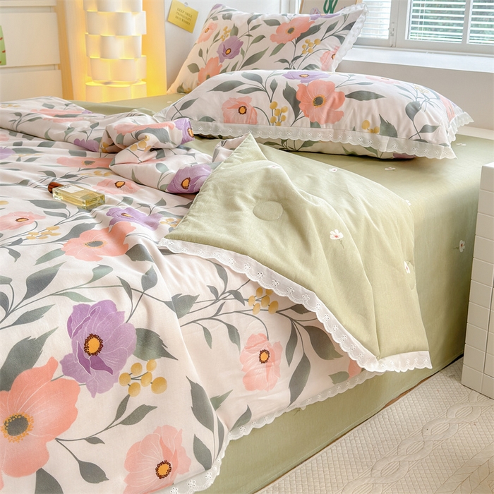 91家纺网 家纺一手货源 找家纺 被窝家纺 2025新款全棉花边大豆夏被四件套 轻纱漫舞