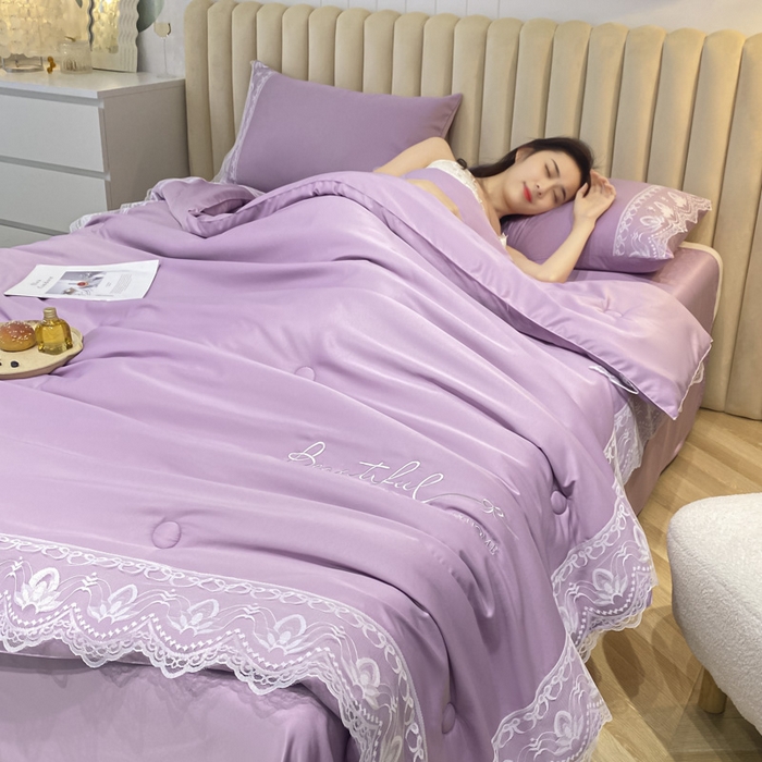 91家纺网 家纺一手货源 找家纺 益多眠 2026新款水洗天丝蕾丝花边夏被四件套轻奢夏被花边夏被-公主风 公主-优雅紫