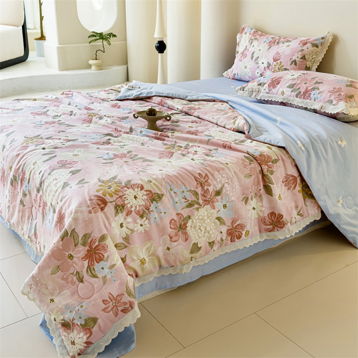 91家纺网 家纺一手货源 找家纺 被窝家纺 2025新款全棉花边大豆夏被四件套 晚色芳莲-粉