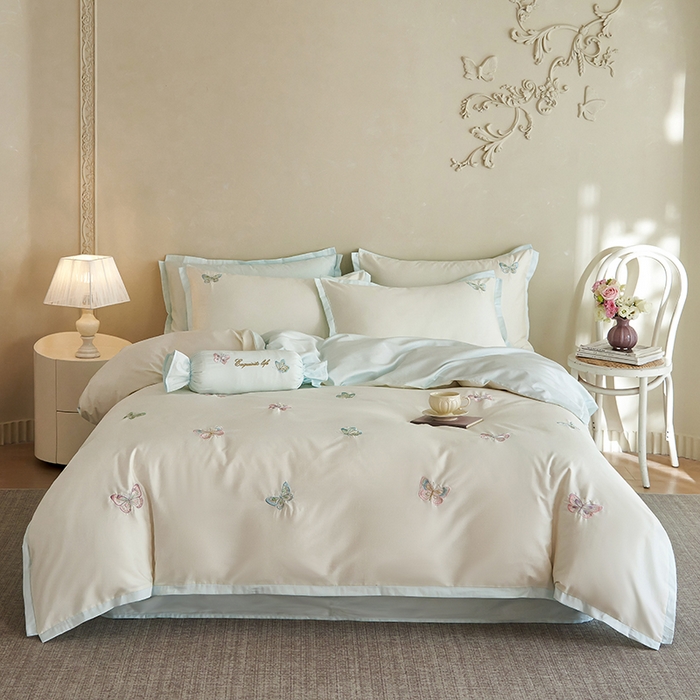 91家纺网 家纺一手货源 找家纺 2025 A类长绒棉刺绣拼角款四件套-悦动 悦动-倾心蓝