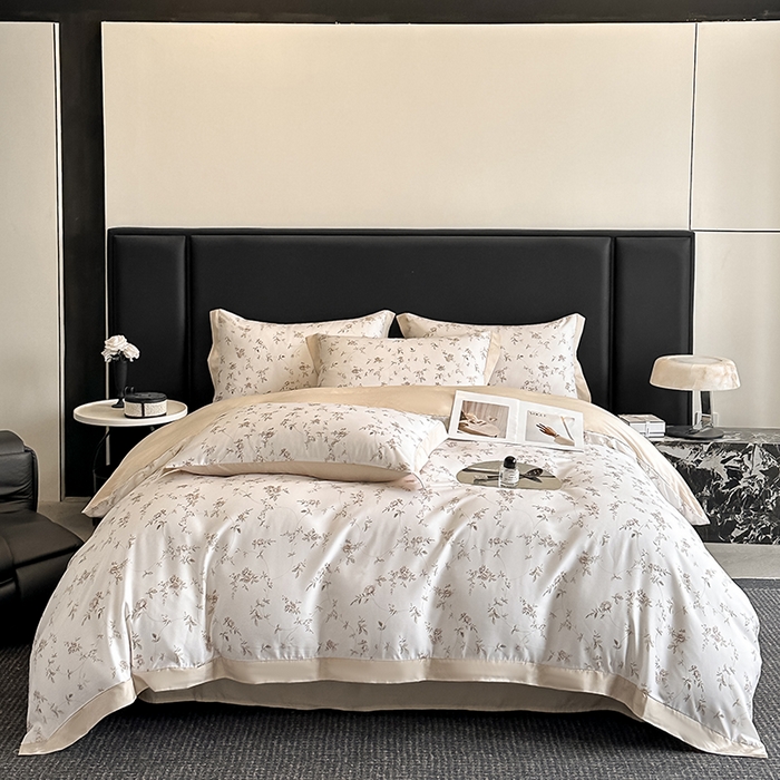 91家纺网 家纺一手货源 找家纺 金阳光家纺 2025新款高级简奢款莱赛尔数码印宽边四件套（带礼盒包装） 云栀咖