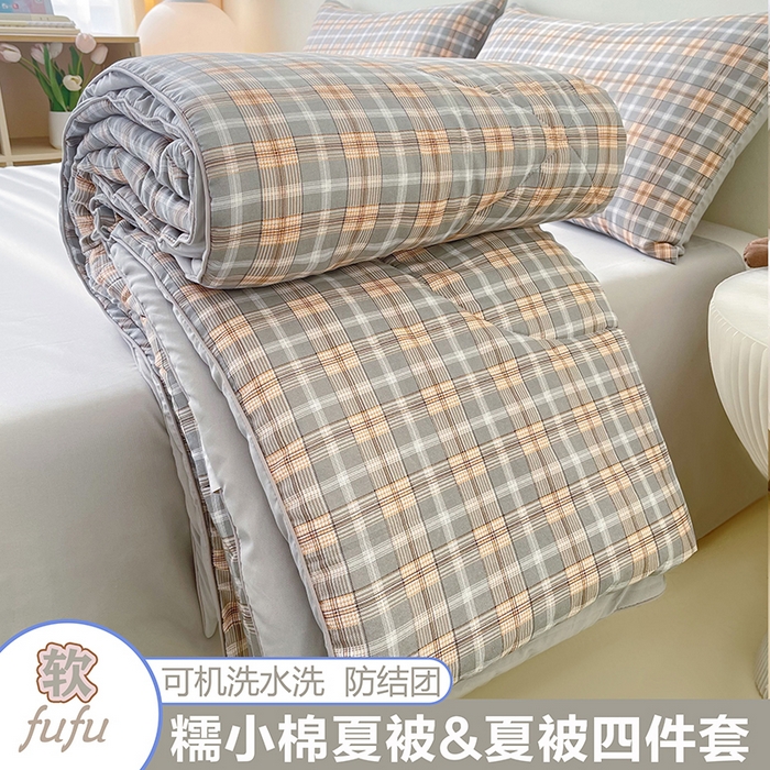 91家纺网 家纺一手货源 找家纺 宜家坊 2025新款水洗棉糯小棉夏被夏被四件套四季被春秋被单人学生双人被子被芯 简约格纹