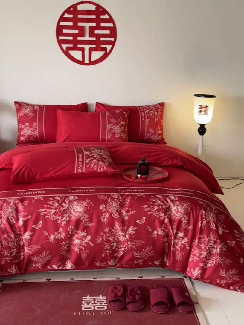 91家纺网 家纺一手货源 找家纺 笙意家纺2025新款水洗冰丝婚庆四件套 比翼双飞