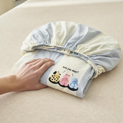 寐绸家纺 2025新款纯棉色织水洗棉竖条单床笠 水洗棉竖条床笠-粗条浅蓝