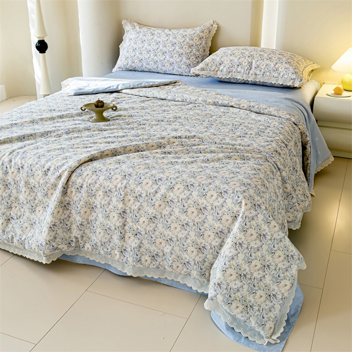 91家纺网 家纺一手货源 找家纺 被窝家纺 2025新款全棉花边大豆夏被四件套 杏园暖秋-灰