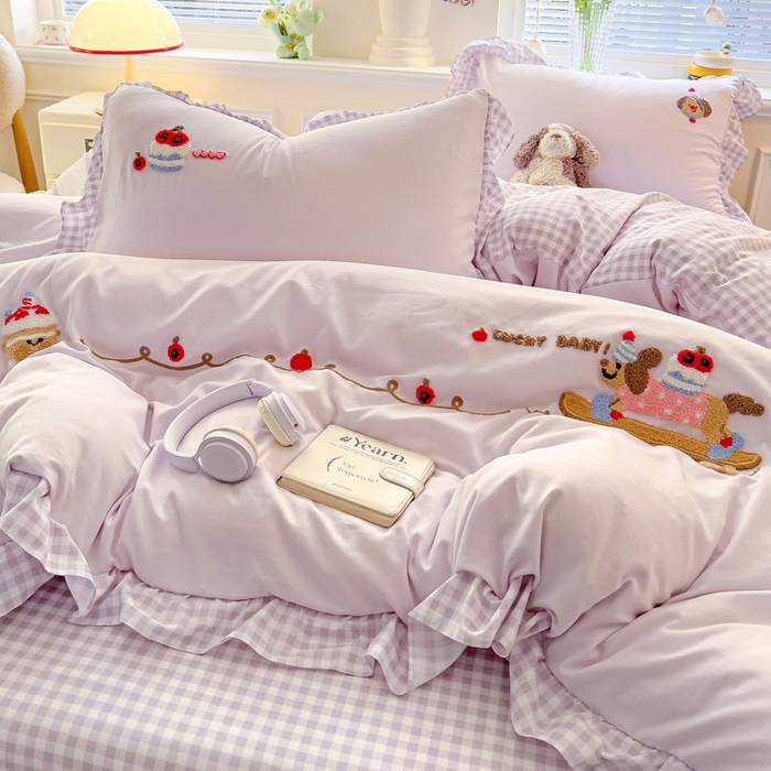 91家纺网 家纺一手货源 找家纺 2025新款高克重立体臻棉法式韩版毛巾绣四件套-腊肠狗 腊肠狗-浅紫