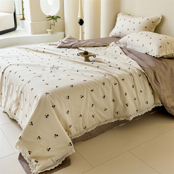 91家纺网 家纺一手货源 找家纺 被窝家纺 2025新款全棉花边大豆夏被四件套 樱姿-米