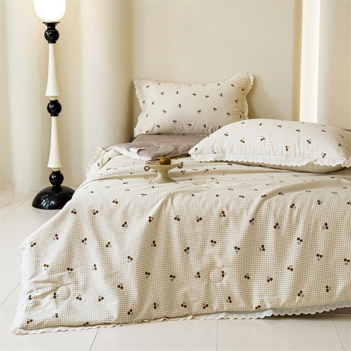 91家纺网 家纺一手货源 找家纺 被窝家纺 2025新款全棉花边大豆夏被四件套 樱姿-米