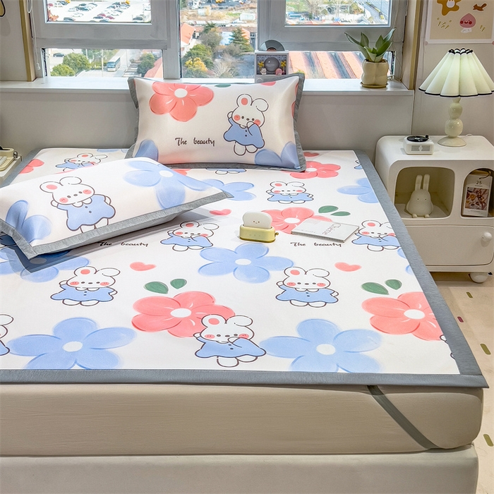 91家纺网 家纺一手货源 找家纺 兄弟坊 2025新款数码小清新印花冰丝席 花园兔子