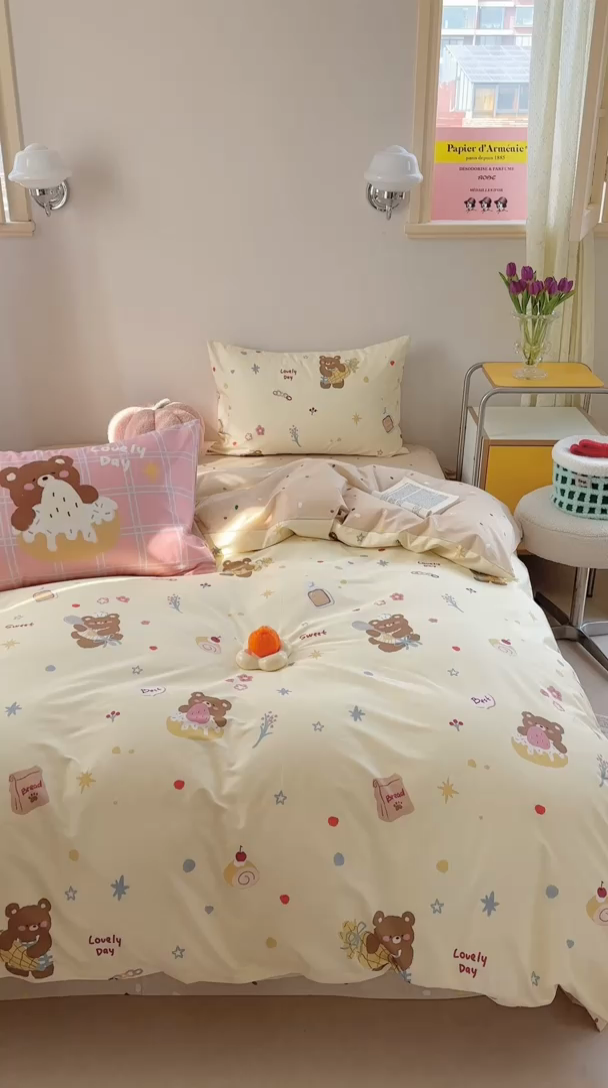 91家纺网 家纺一手货源 找家纺 时年家纺 2025新款全棉数码趣味系列3.0 四件套 甜圈小熊