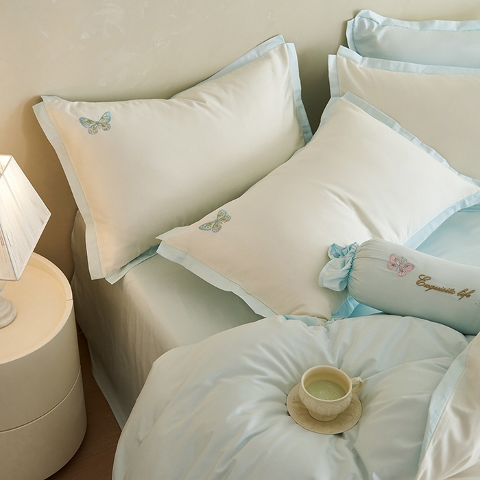 91家纺网 家纺一手货源 找家纺 2025 A类长绒棉刺绣拼角款四件套-悦动 悦动-倾心蓝