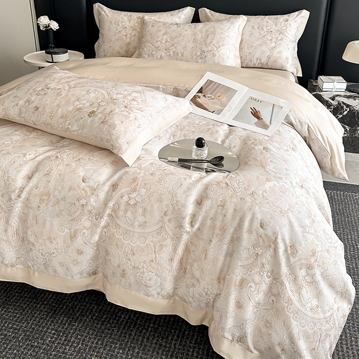 91家纺网 家纺一手货源 找家纺 金阳光家纺 2025新款高级简奢款莱赛尔数码印宽边四件套（带礼盒包装） 春旭恋曲