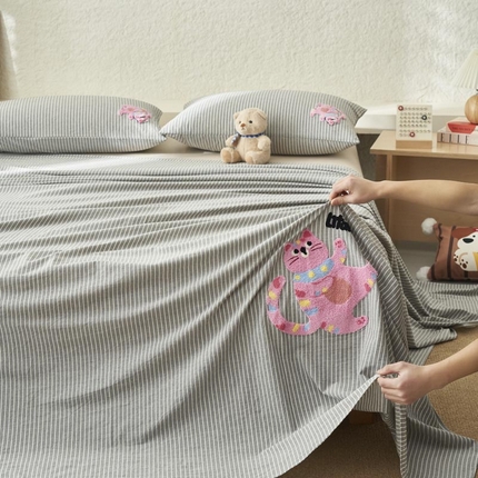 寐绸家纺 2025新款纯棉色织水洗棉竖条单床单 水洗棉竖条床单-细条灰