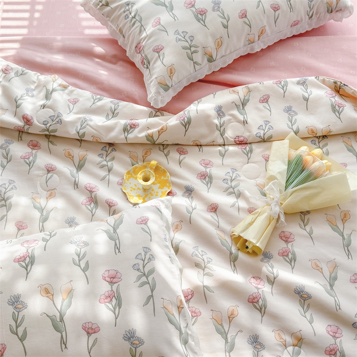 91家纺网 家纺一手货源 找家纺 被窝家纺 2025新款全棉花边大豆夏被四件套 妙语花香