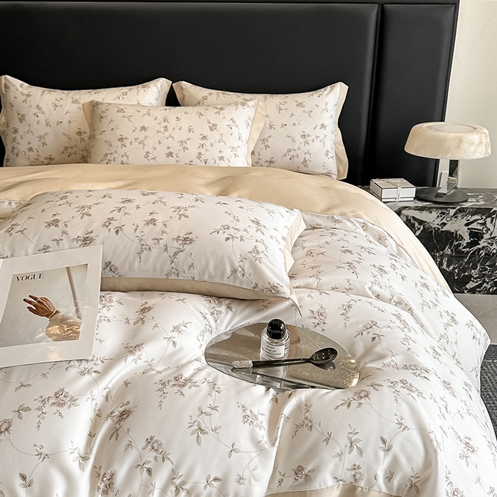 91家纺网 家纺一手货源 找家纺 金阳光家纺 2025新款高级简奢款莱赛尔数码印宽边四件套（带礼盒包装） 云栀咖