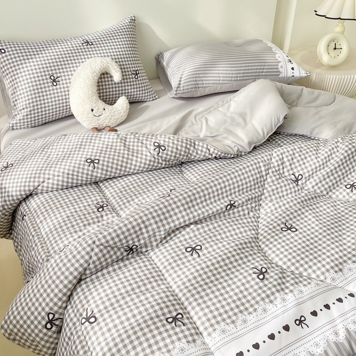 91家纺网 家纺一手货源 找家纺 宜家坊 2025新款水洗棉糯小棉夏被夏被四件套四季被春秋被单人学生双人被子被芯 灰色蝴蝶结
