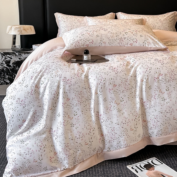 91家纺网 家纺一手货源 找家纺 金阳光家纺 2025新款高级简奢款莱赛尔数码印宽边四件套（带礼盒包装） 吟禾暮