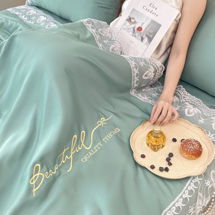 91家纺网 家纺一手货源 找家纺 益多眠 2026新款水洗天丝蕾丝花边夏被四件套轻奢夏被花边夏被-公主风 公主-琉璃绿