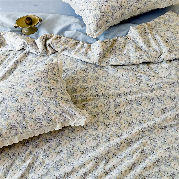 91家纺网 家纺一手货源 找家纺 被窝家纺 2025新款全棉花边大豆夏被四件套 杏园暖秋-灰