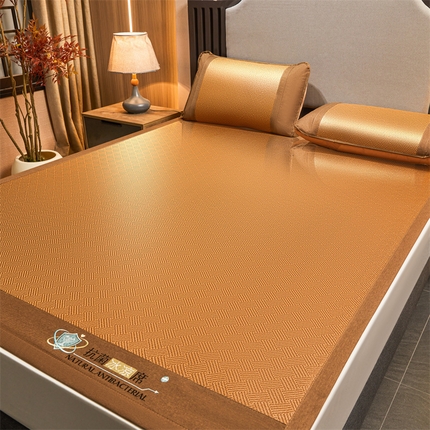 航途席业 2025新款冰藤席凉席三件套宽包边抗菌刺绣款冰藤凉席 饼干格