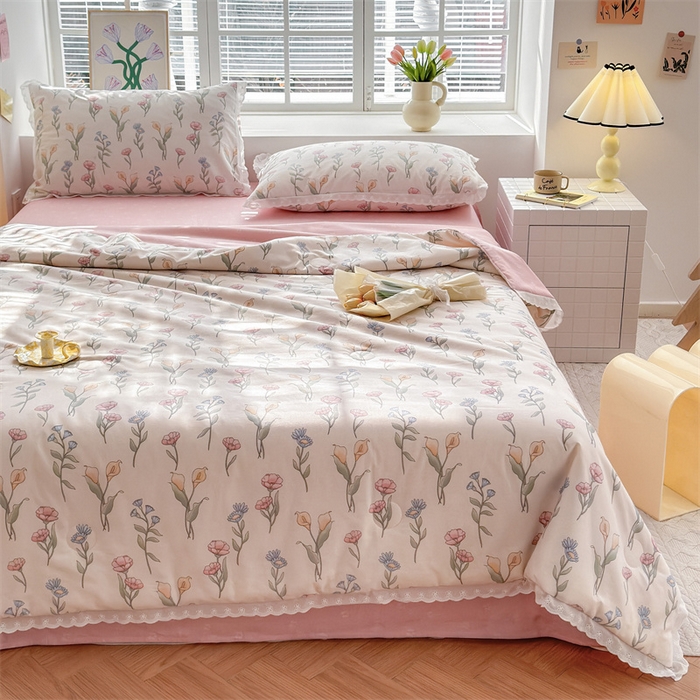 91家纺网 家纺一手货源 找家纺 被窝家纺 2025新款全棉花边大豆夏被四件套 妙语花香