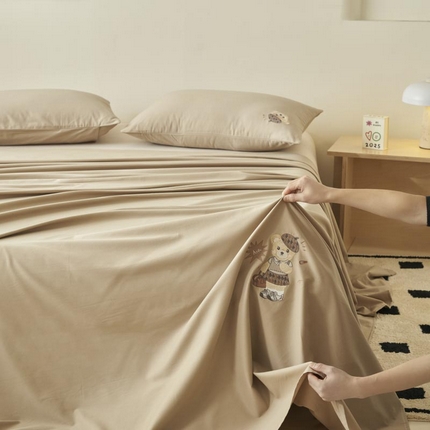 寐绸家纺 2025新款纯棉水洗棉纯色绣花单床单 纯棉绣花床单-米驼