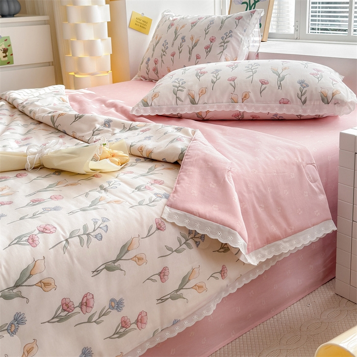 91家纺网 家纺一手货源 找家纺 被窝家纺 2025新款全棉花边大豆夏被四件套 妙语花香