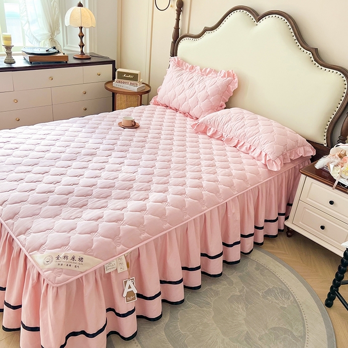 91家纺网 家纺一手货源 找家纺 笠裙2025新款纯棉防水隔尿夹棉加厚床裙-贝壳系列 贝壳胭脂粉