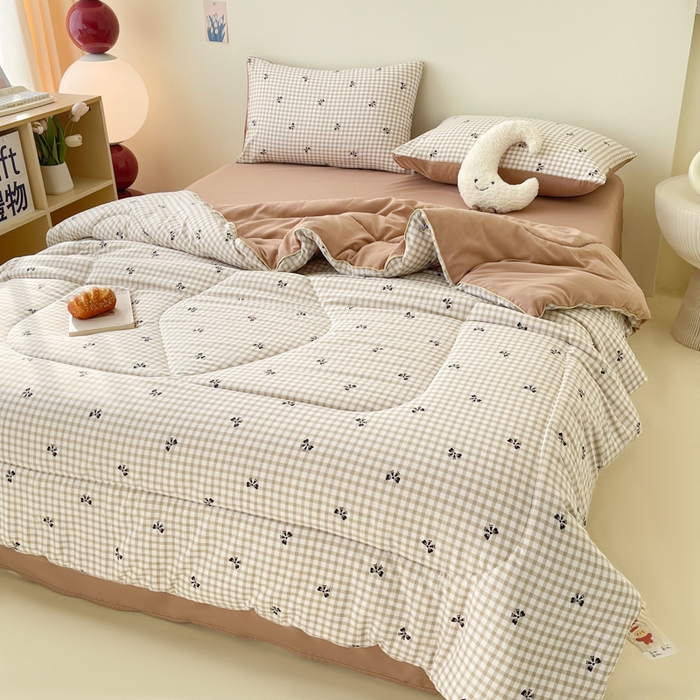 91家纺网 家纺一手货源 找家纺 宜家坊 2025新款水洗棉糯小棉夏被夏被四件套四季被春秋被单人学生双人被子被芯 格子蝴蝶结