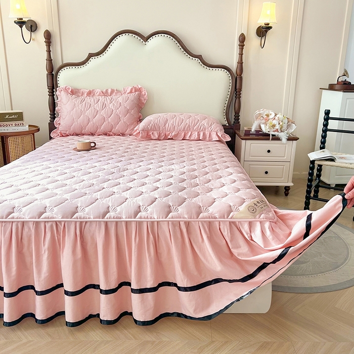 91家纺网 家纺一手货源 找家纺 笠裙2025新款纯棉防水隔尿夹棉加厚床裙-贝壳系列 贝壳胭脂粉