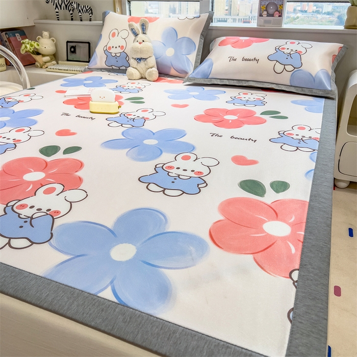 91家纺网 家纺一手货源 找家纺 兄弟坊 2025新款数码小清新印花冰丝席 花园兔子