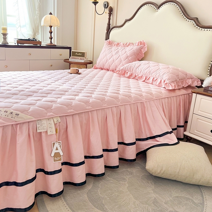 91家纺网 家纺一手货源 找家纺 笠裙2025新款纯棉防水隔尿夹棉加厚床裙-贝壳系列 贝壳胭脂粉