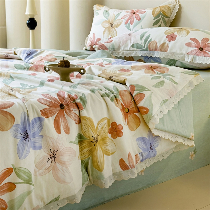 91家纺网 家纺一手货源 找家纺 被窝家纺 2025新款全棉花边大豆夏被四件套 云裳花谷