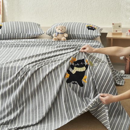 寐绸家纺 2025新款纯棉色织水洗棉竖条单床单 水洗棉竖条床单-宽条暗灰