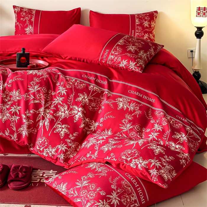 91家纺网 家纺一手货源 找家纺 笙意家纺2025新款水洗冰丝婚庆四件套 花田喜事