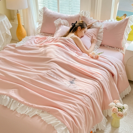 绒世界 绒世界 2025新款针织棉提花加绣花烫钻夏被四件套翩然系列 翩然-珊瑚粉