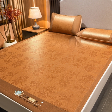 航途席业 2025新款冰藤席凉席三件套宽包边抗菌刺绣款冰藤凉席 水中花