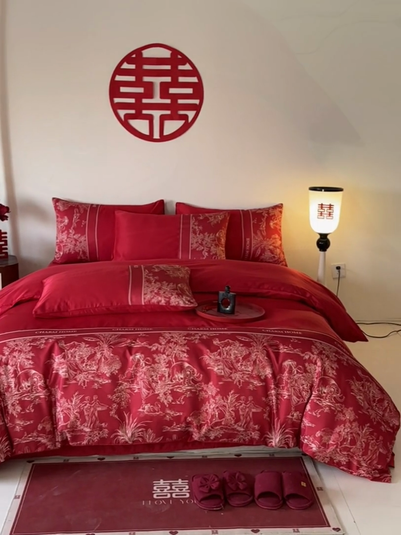 91家纺网 家纺一手货源 找家纺 笙意家纺2025新款水洗冰丝婚庆四件套 心有灵犀