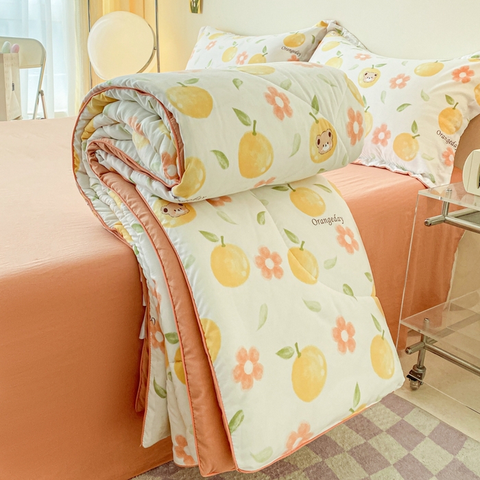 91家纺网 家纺一手货源 找家纺 宜家坊 2025新款水洗棉糯小棉夏被夏被四件套四季被春秋被单人学生双人被子被芯 心想事橙