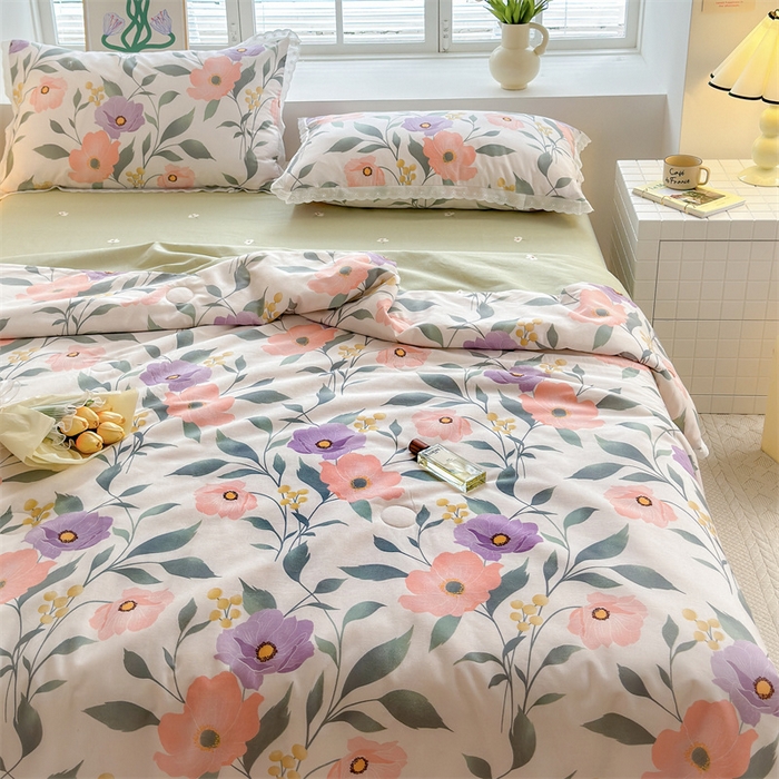 91家纺网 家纺一手货源 找家纺 被窝家纺 2025新款全棉花边大豆夏被四件套 轻纱漫舞