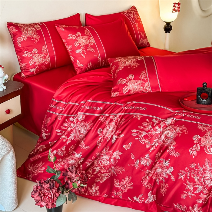 91家纺网 家纺一手货源 找家纺 笙意家纺2025新款水洗冰丝婚庆四件套 比翼双飞